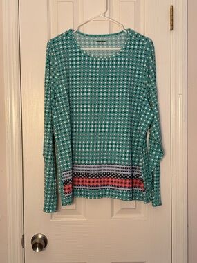 🏄🏼‍♀️ Lands' End Teal Long-Sleeve Rash Guard with Patterned Hem